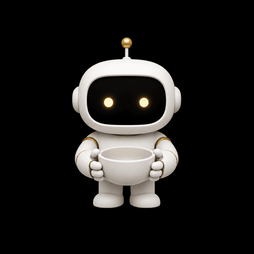 A small white robot holding an empty bowl, looking expectant